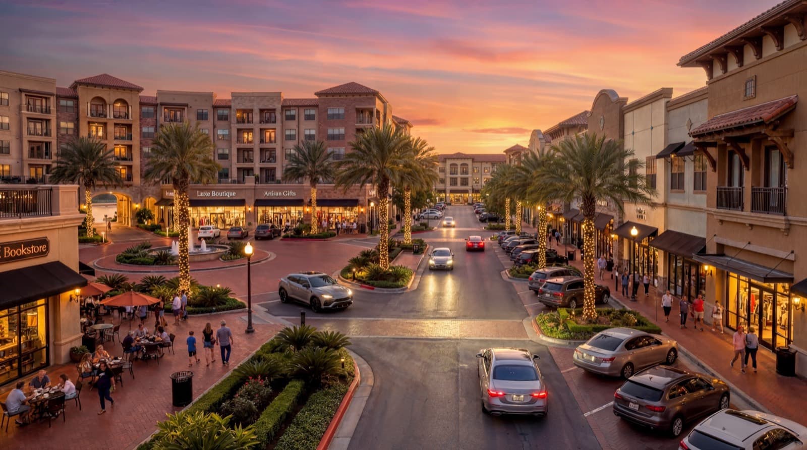 Lakefront shops and dining at Cathedral Lakes at sunset
